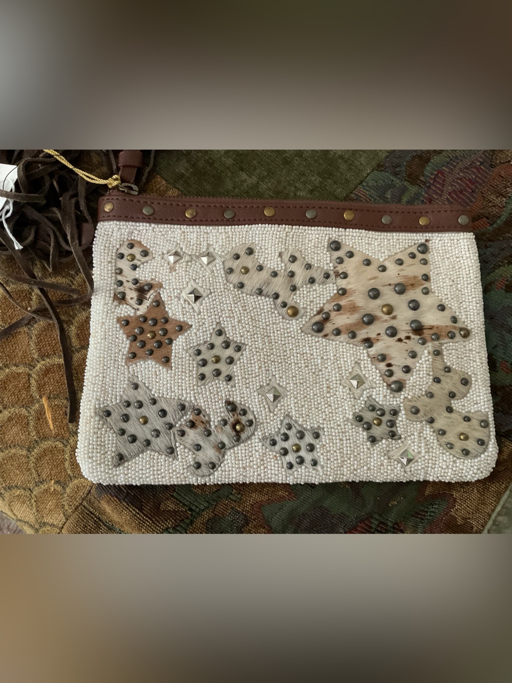 Studded White Beaded Star Pattern Crossbody Clutch